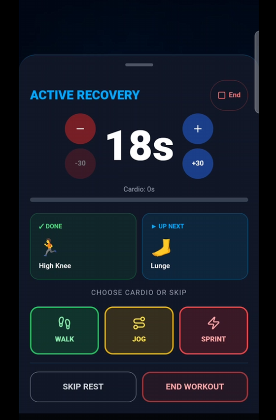 Active recovery timer with walk, jog and sprint options between sets