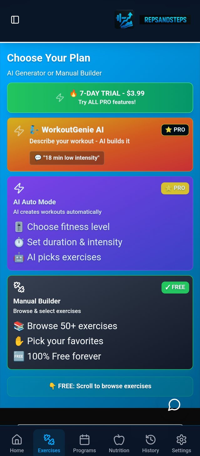 Choose your plan: WorkoutGenie AI, AI Auto Mode, or the free manual builder