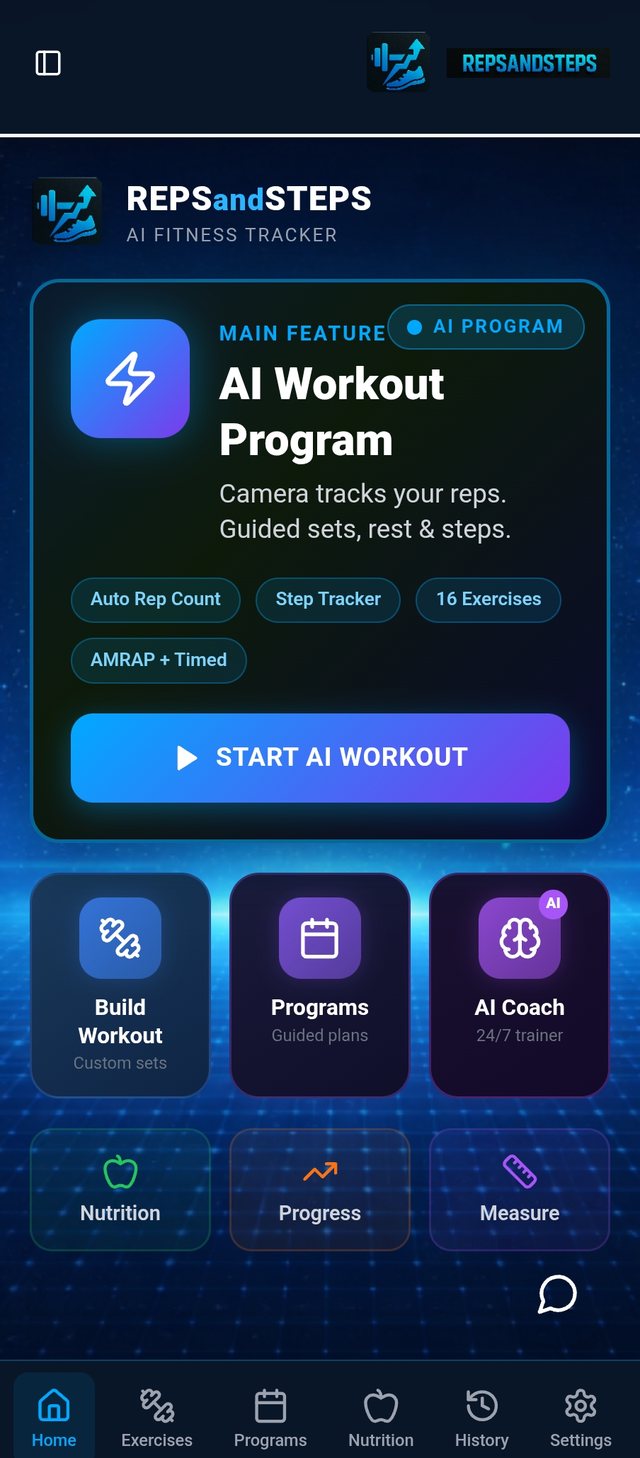 The RepsAndSteps home screen: AI Workout Program with auto rep count and step tracker