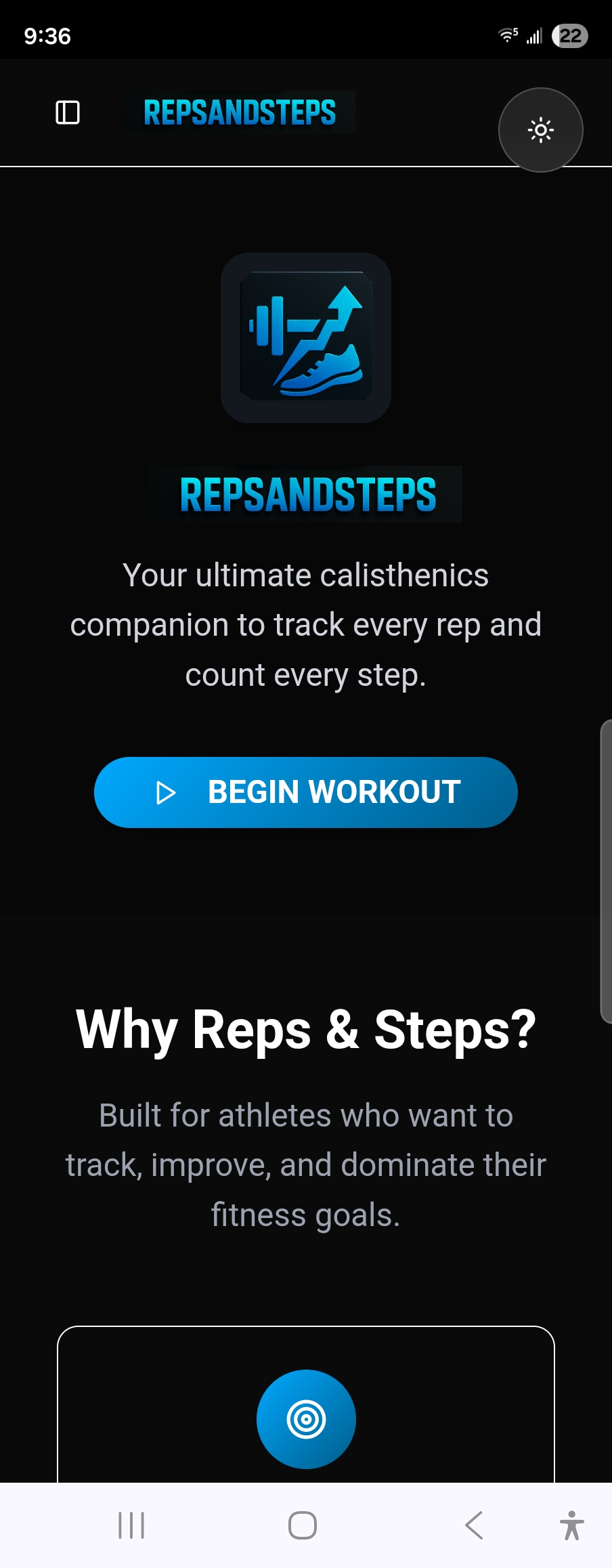 RepsAndSteps App Start Page